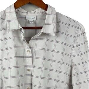 J Jill Womens XL Blouse White Pink Grey Windowpane Plaid Button Up Tunic Stretch